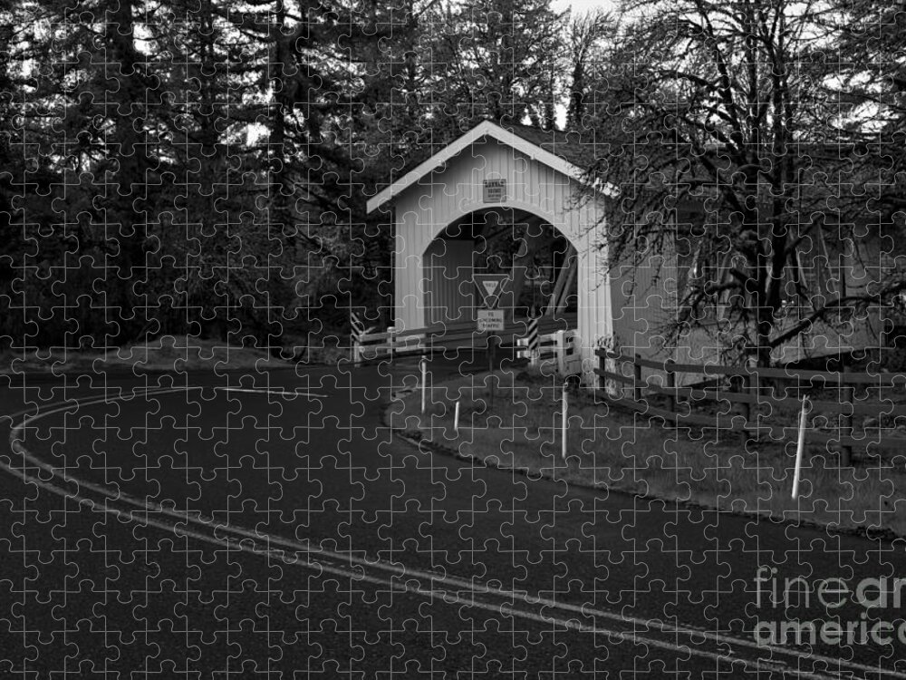 Black And White Jigsaw Puzzle featuring the photograph Hannah Covered Bridge - Black And White by Adam Jewell
