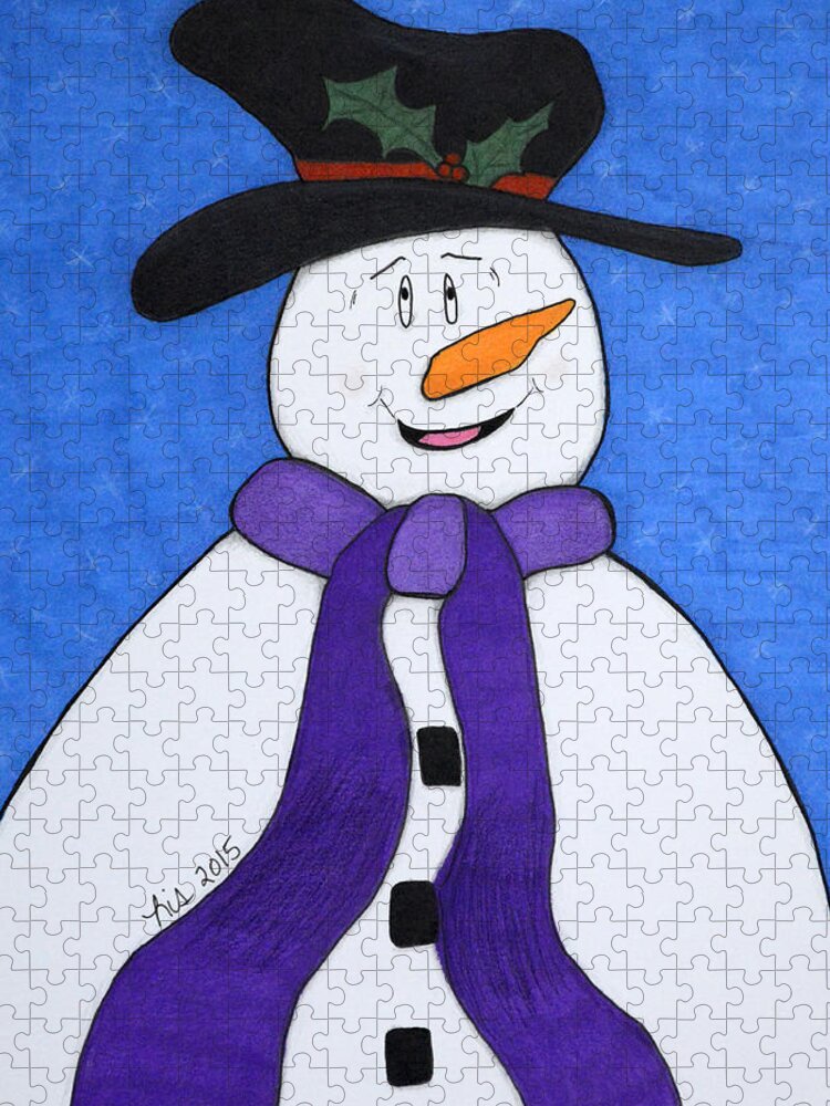 Snowman Jigsaw Puzzle featuring the drawing Happiness Snowman by Lisa Blake