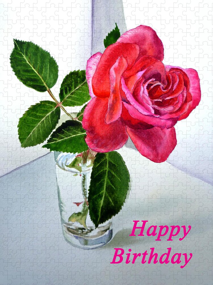 Rose Jigsaw Puzzle featuring the painting Happy Birthday Card Rose by Irina Sztukowski
