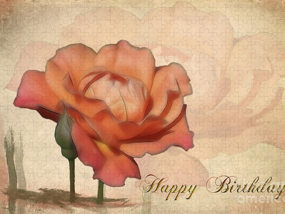Flower Jigsaw Puzzle featuring the photograph Happy Birthday Peach Rose Card by Teresa Zieba