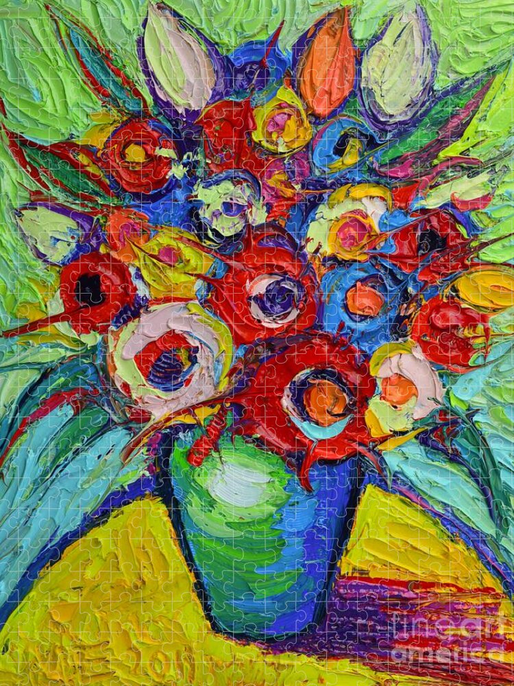 Abstract Jigsaw Puzzle featuring the painting Happy Bouquet Of Poppies And Colorful Wildflowers On Round Yellow Table Impasto Abstract Flowers by Ana Maria Edulescu
