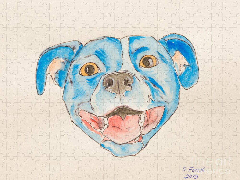 Dog Jigsaw Puzzle featuring the painting Happy dog blue by Stefanie Forck