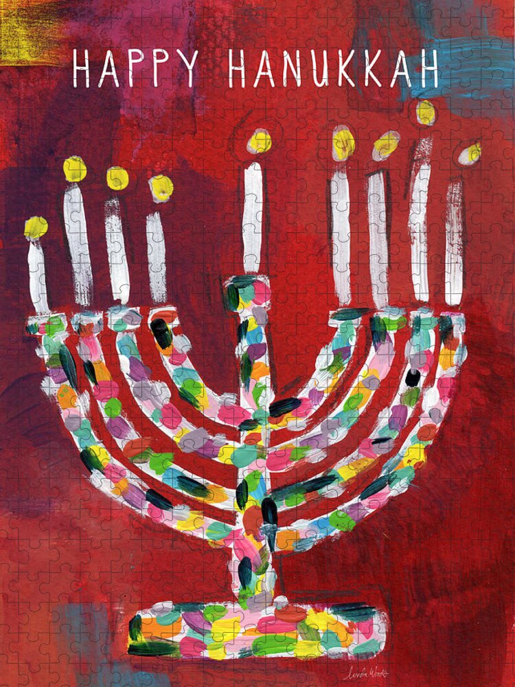 Hanukkah Jigsaw Puzzle featuring the painting Happy Hanukkah Colorful Menorah Card- Art by Linda Woods by Linda Woods