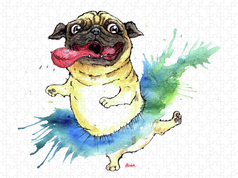 Dog Jigsaw Puzzle featuring the painting Happy tutu pug by Ang El