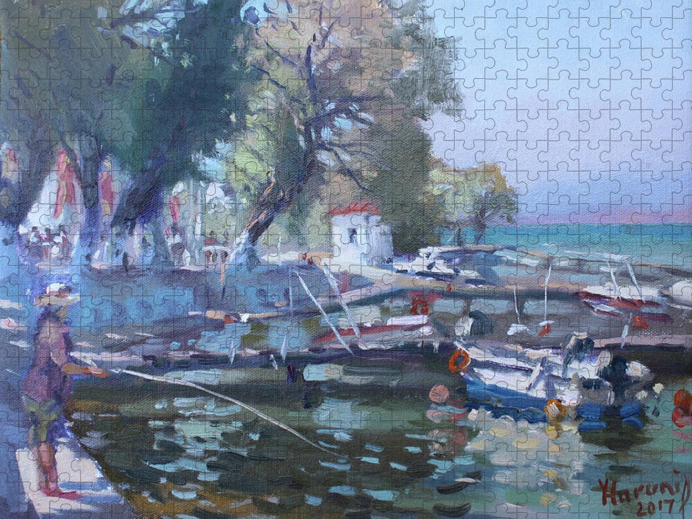 Harbor Jigsaw Puzzle featuring the painting Harbor at Dilesi Greece by Ylli Haruni