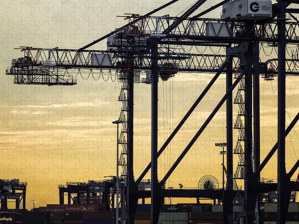 Cranes Jigsaw Puzzle featuring the photograph Harbor Cranes at Sunset by Fran Gallogly