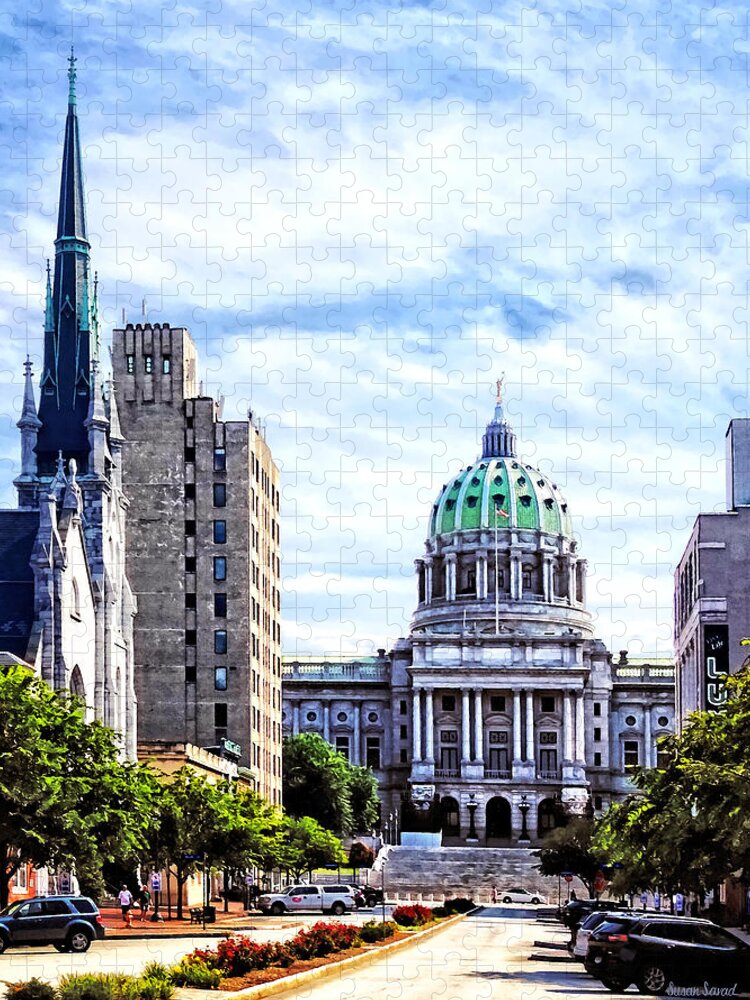 Harrsiburg Jigsaw Puzzle featuring the photograph Harrisburg PA - Capitol Building Seen from State Street by Susan Savad