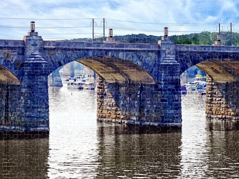 I Saw This View Of The Market Street Bridge From The Walnut Street Pedestrian Bridge. The Market Street Bridge Goes From Downtown Harrisburg To City Island Known For Entertainment And Sporting Events. You Can See The City Island Marina Through The Arches Of The Bridge. Jigsaw Puzzle featuring the photograph Harrisburg PA - Market Street Bridge by Susan Savad