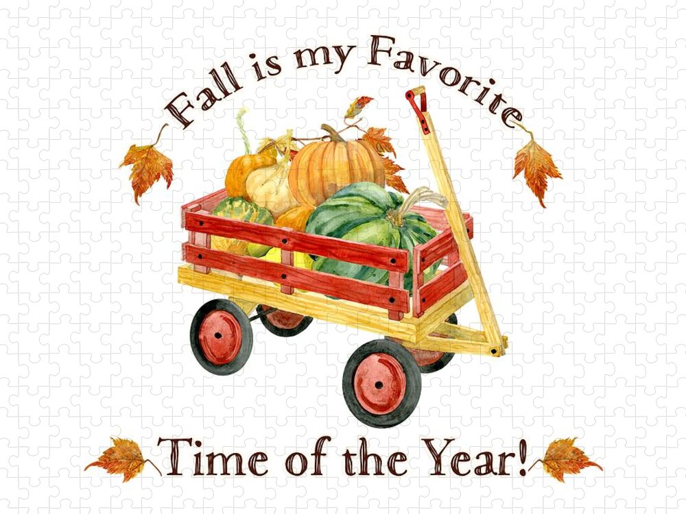 Fall Is My Favorite Jigsaw Puzzle featuring the painting Harvest Red Wagon Pumpkins n Leaves by Audrey Jeanne Roberts