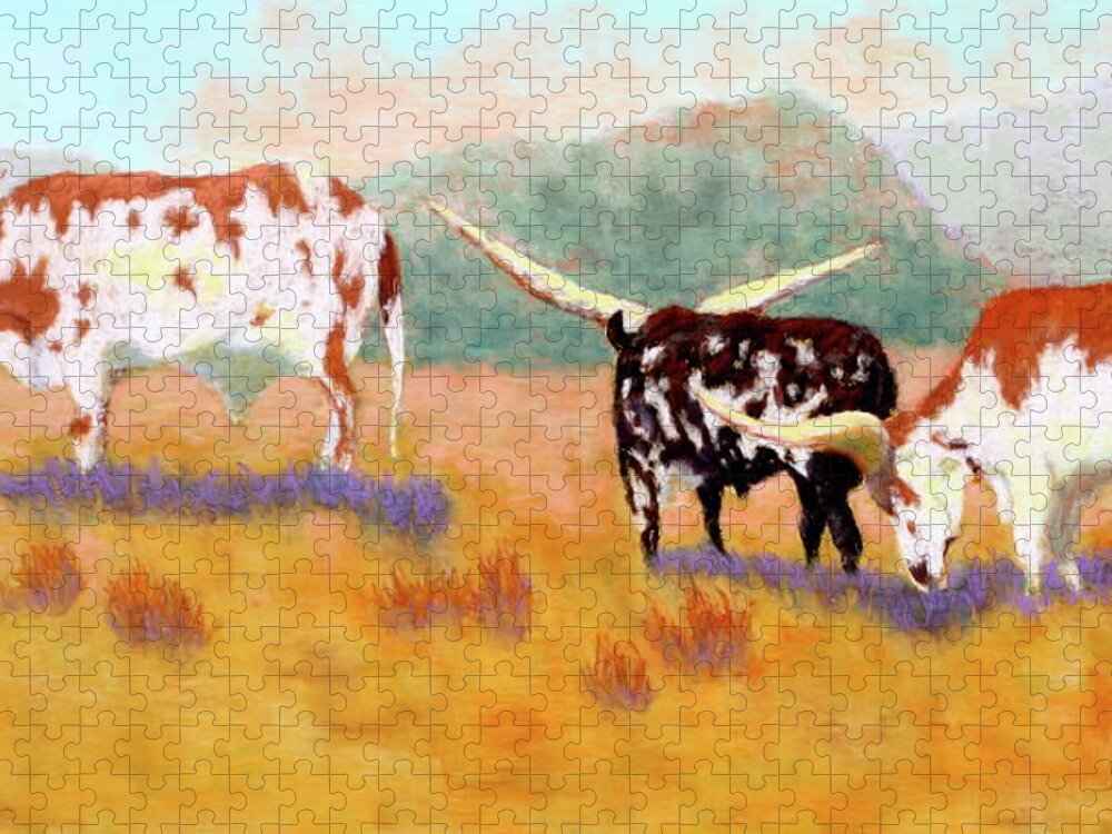 Longhorn Jigsaw Puzzle featuring the painting Headed for the Barn by Nancy Jolley