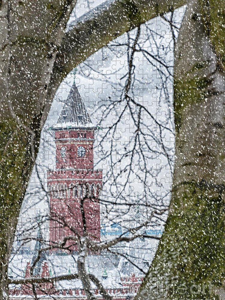 Sweden Jigsaw Puzzle featuring the photograph Helsingborg Town Hall Snowing by Antony McAulay