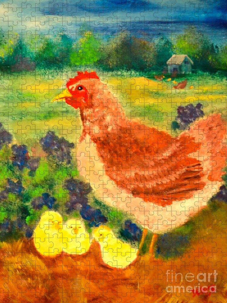 Hen Jigsaw Puzzle featuring the painting Hen and Chick by Denise Tomasura