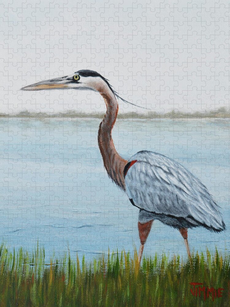 Heron Jigsaw Puzzle featuring the painting Heron in the Marsh by Jimmie Bartlett
