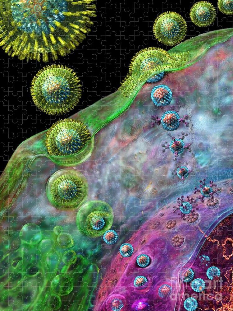 Assembly Jigsaw Puzzle featuring the digital art Herpes Virus replication by Russell Kightley