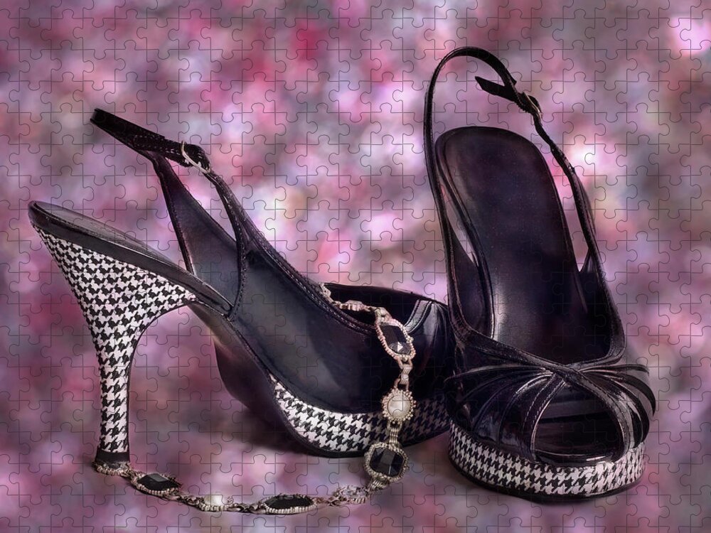 Shoe Jigsaw Puzzle featuring the photograph Herringbone Party Sandals Shoe Art by Patti Deters