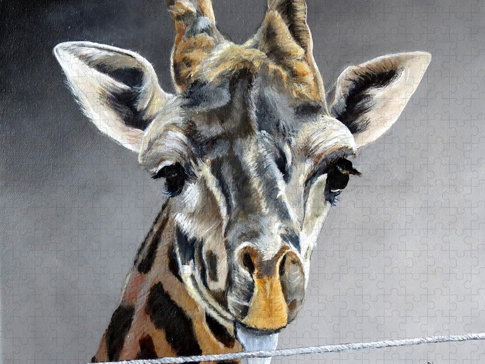 Giraffe Jigsaw Puzzle featuring the painting Hi Wire Taster by Marilyn McNish