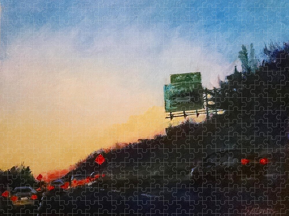 Roads Jigsaw Puzzle featuring the painting Highway at Dusk No. 1 by Peter Salwen