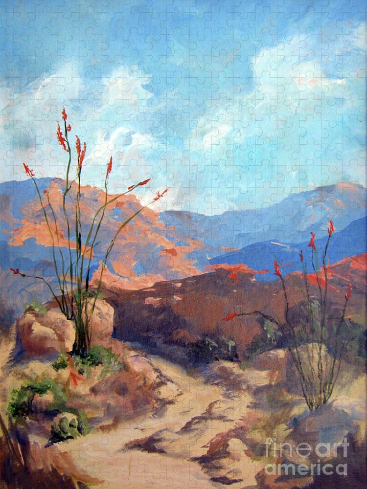 Framed Desert Scape Jigsaw Puzzle featuring the painting Hiking the Santa Rosa Mountains by Maria Hunt