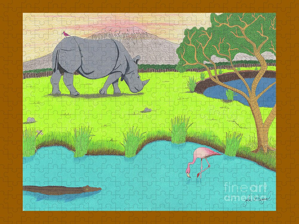 Africa Jigsaw Puzzle featuring the drawing His Backward Glance by John Wiegand