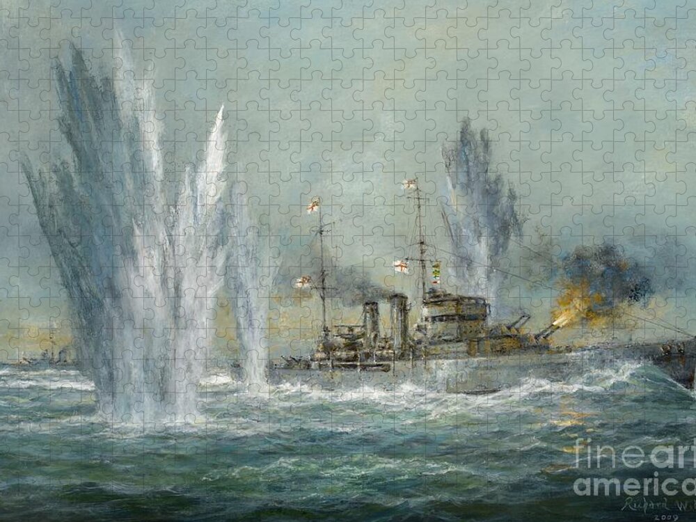 Naval Jigsaw Puzzle featuring the painting HMS Exeter engaging in the Graf Spree at the Battle of the River Plate by Richard Willis