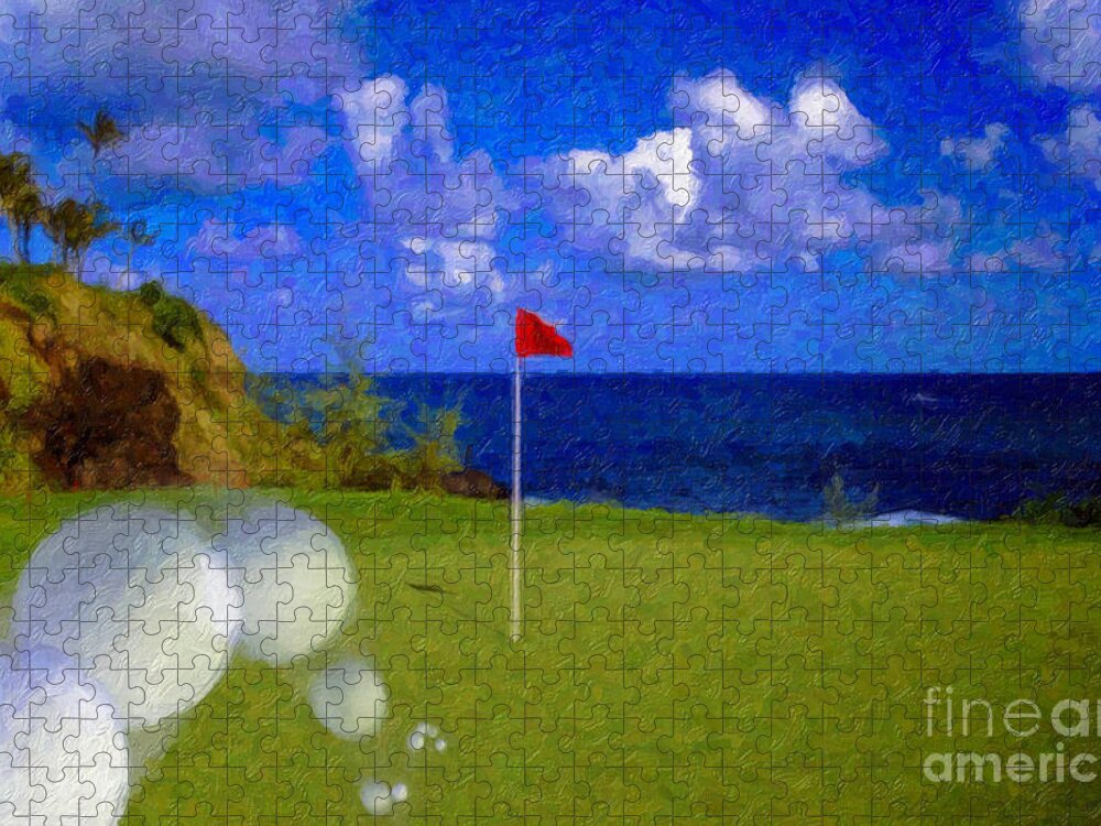 Hole In One 18th Green Ball Flag Green Ocean Palm Trees Jigsaw Puzzle featuring the photograph Fantastic 18th Green by David Zanzinger