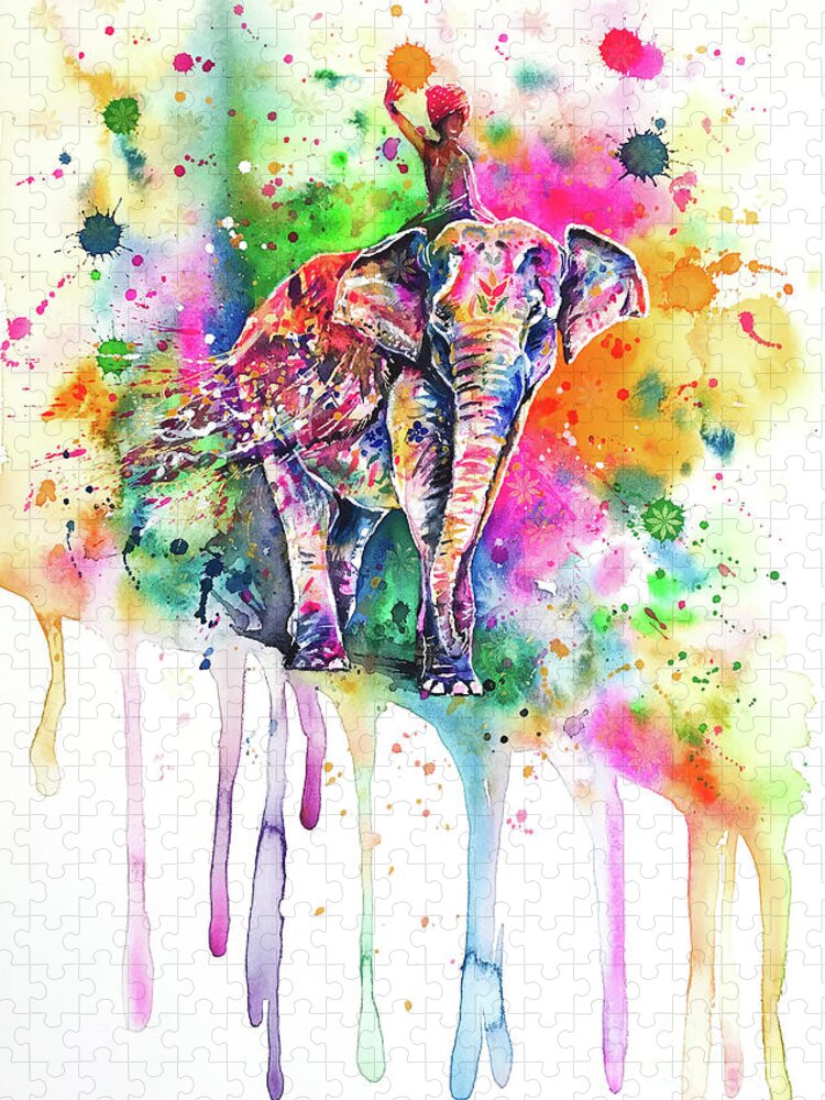 Holi Jigsaw Puzzle featuring the painting Holi Decorated Indian Elephant by Zaira Dzhaubaeva