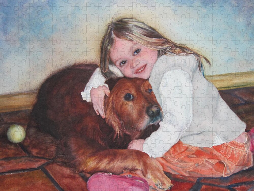 Watercolor Portrait Jigsaw Puzzle featuring the painting Hollis and Hannah - cropped version by Mary Beglau Wykes