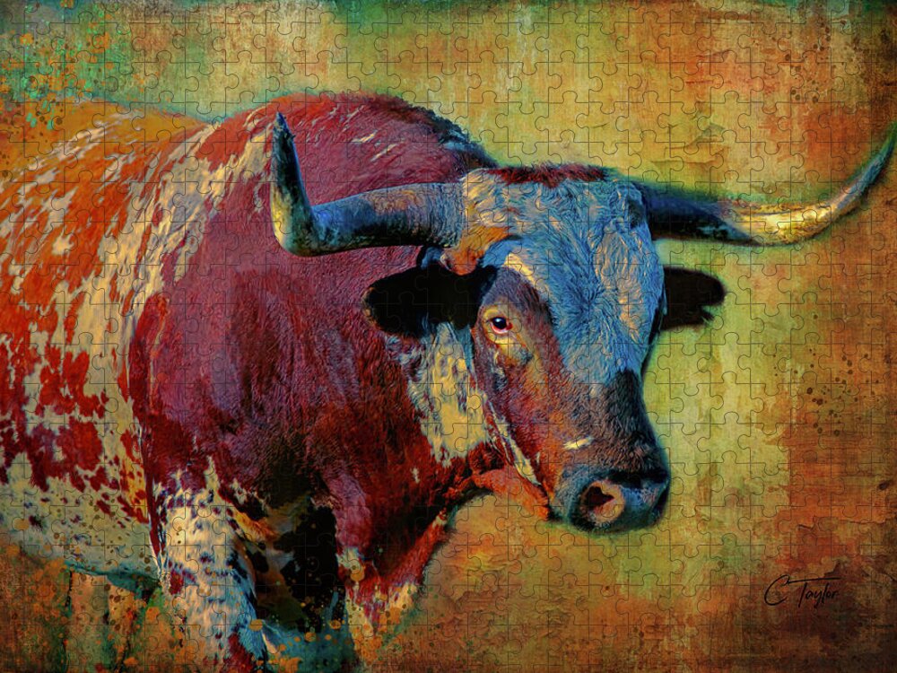 Texas Longhorns Jigsaw Puzzle featuring the digital art Hook 'Em 2 by Colleen Taylor