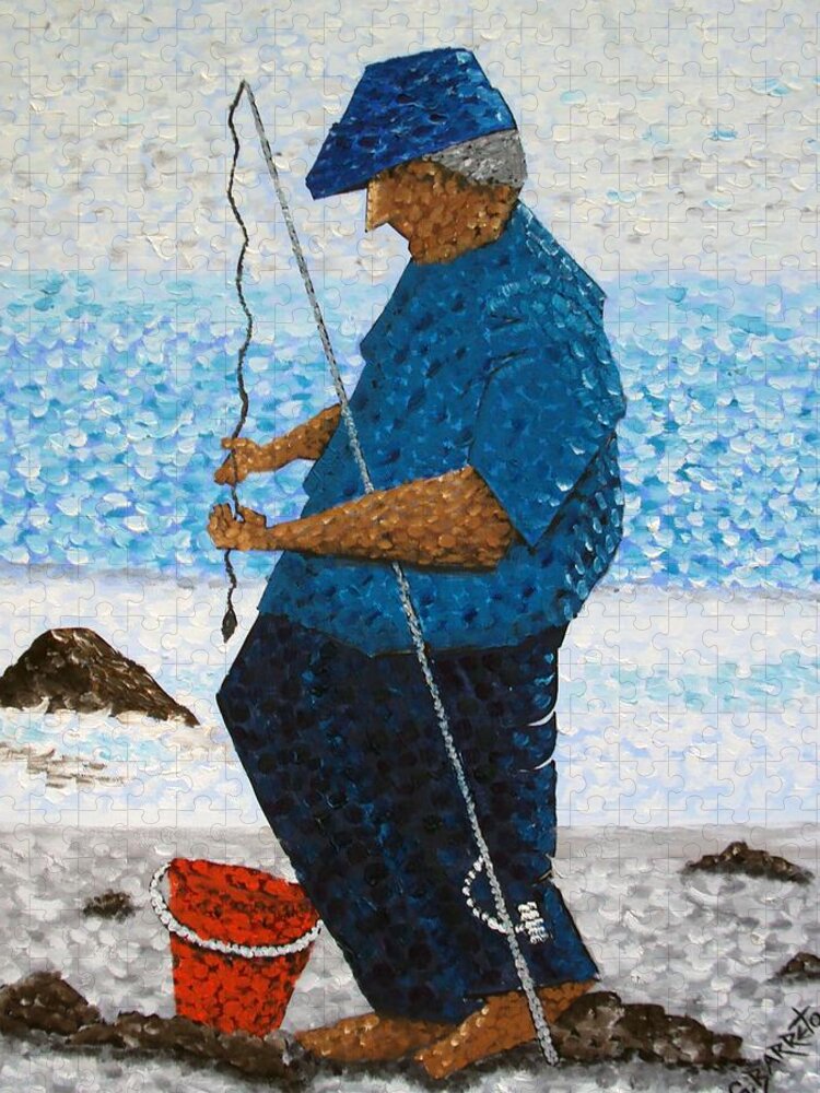 Fishermen Jigsaw Puzzle featuring the painting Hooked by Gloria E Barreto-Rodriguez