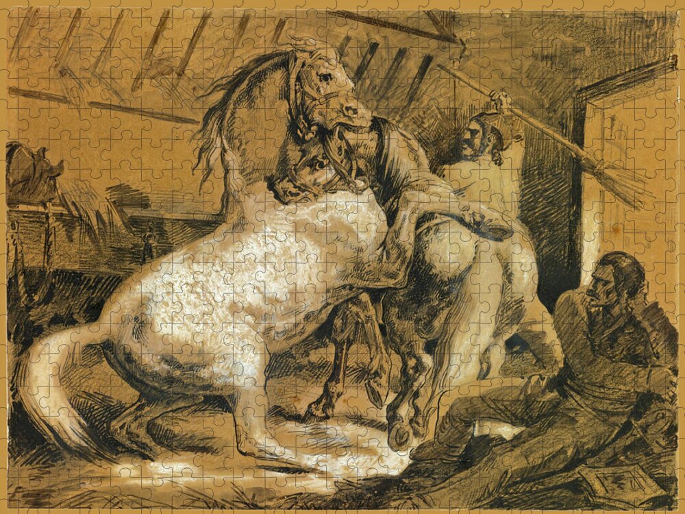 Theodore Gericault Jigsaw Puzzle featuring the drawing Horses Fighting in a Stable by Theodore Gericault