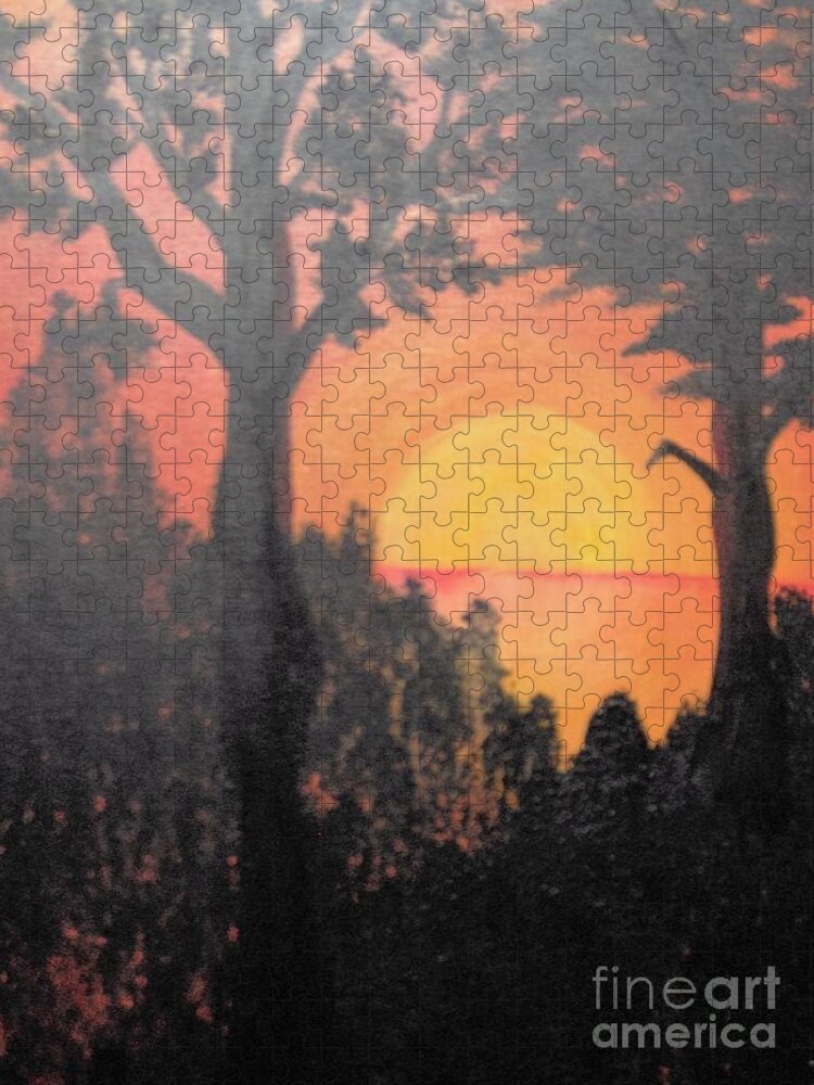 Landscape Sunset Tropical Orange Jigsaw Puzzle featuring the painting Hot by Saundra Johnson