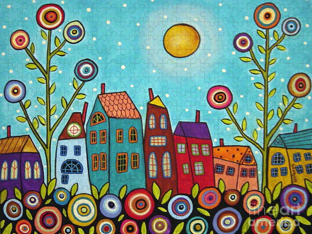 Landscape Jigsaw Puzzle featuring the painting Houses Blooms And A Moon by Karla Gerard