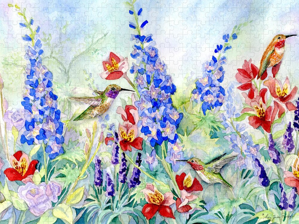 Watercolor Jigsaw Puzzle featuring the painting Hummingbird Garden in Spring by Audrey Jeanne Roberts