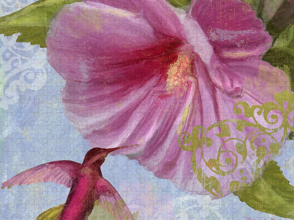 Hummingbird Jigsaw Puzzle featuring the painting Hummingbird Hibiscus I by Mindy Sommers
