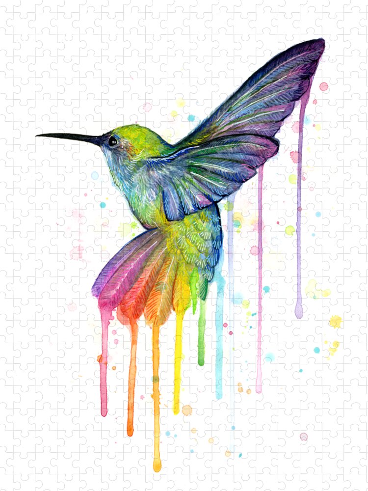 Hummingbird Jigsaw Puzzle featuring the painting Hummingbird of Watercolor Rainbow by Olga Shvartsur