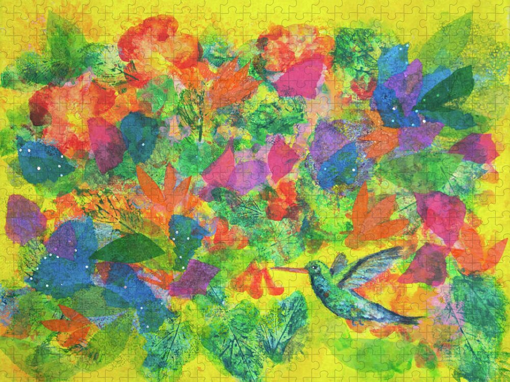 Hummingbird Jigsaw Puzzle featuring the mixed media Hummingbird by Julia Malakoff