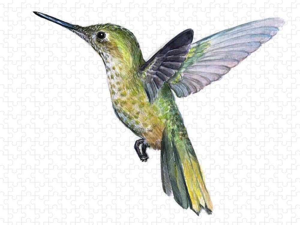 Hummingbird Jigsaw Puzzle featuring the painting Hummingbird Watercolor Illustration by Olga Shvartsur