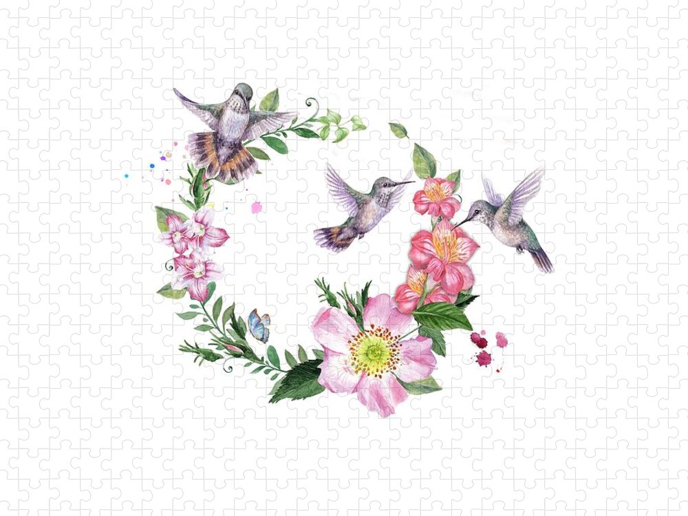 Hummingbirds Jigsaw Puzzle featuring the photograph Hummingbird Wreath in Watercolor by Lynn Bauer