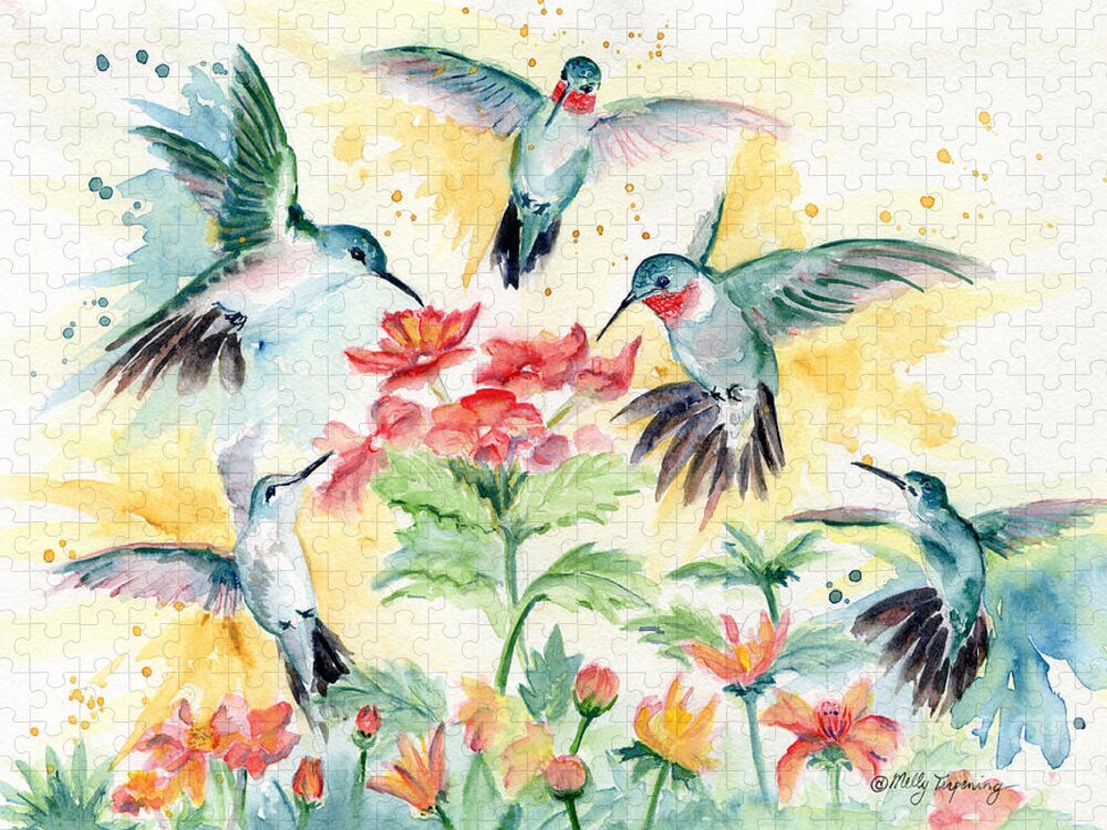 Hummingbird Jigsaw Puzzle featuring the painting Hummingbirds Party by Melly Terpening