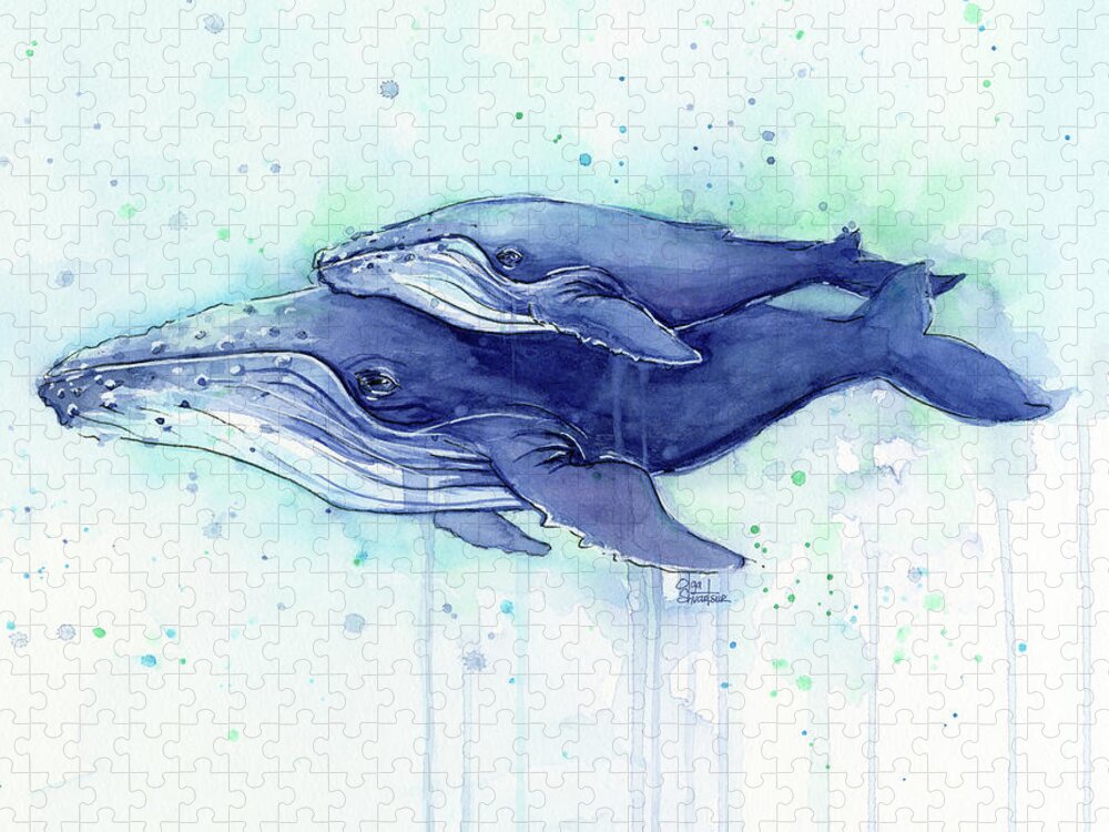 Whale Jigsaw Puzzle featuring the painting Humpback Whale Mom and Baby Watercolor by Olga Shvartsur
