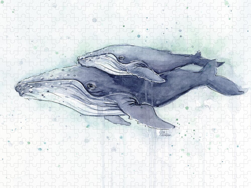 Whale Jigsaw Puzzle featuring the painting Humpback Whales Painting Watercolor - Grayish Version by Olga Shvartsur