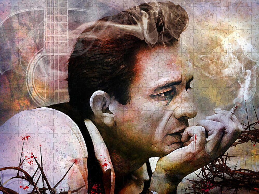 Johnny Cash Jigsaw Puzzle featuring the mixed media I Focus on the Pain by Mal Bray