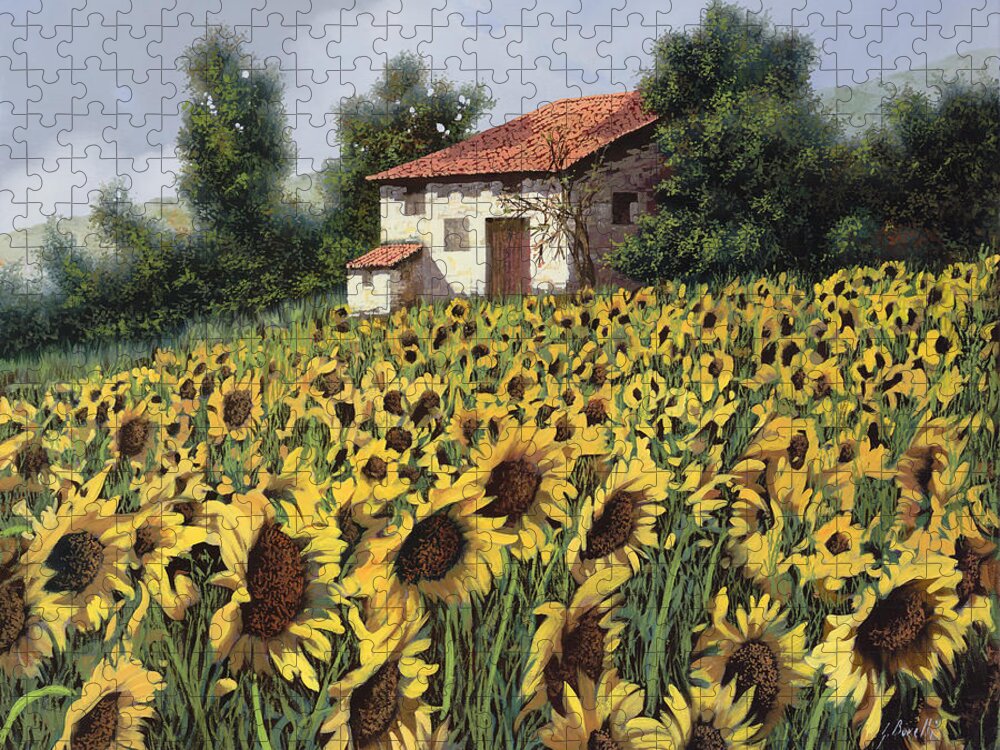 Tuscanyguido Borellisunflowershillschiantifarm Jigsaw Puzzle featuring the painting I Girasoli Nel Campo by Guido Borelli