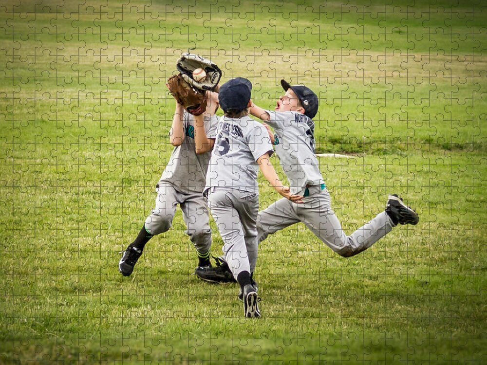 Three Farm League Baseball Players Game Ball Mitt Catch Run Grass Green Gray Determination Play Little League Kids Children Boys Seven Year Olds Brad Stinson Little Lewiston Idaho Jigsaw Puzzle featuring the photograph Lewiston Farm League by Brad Stinson