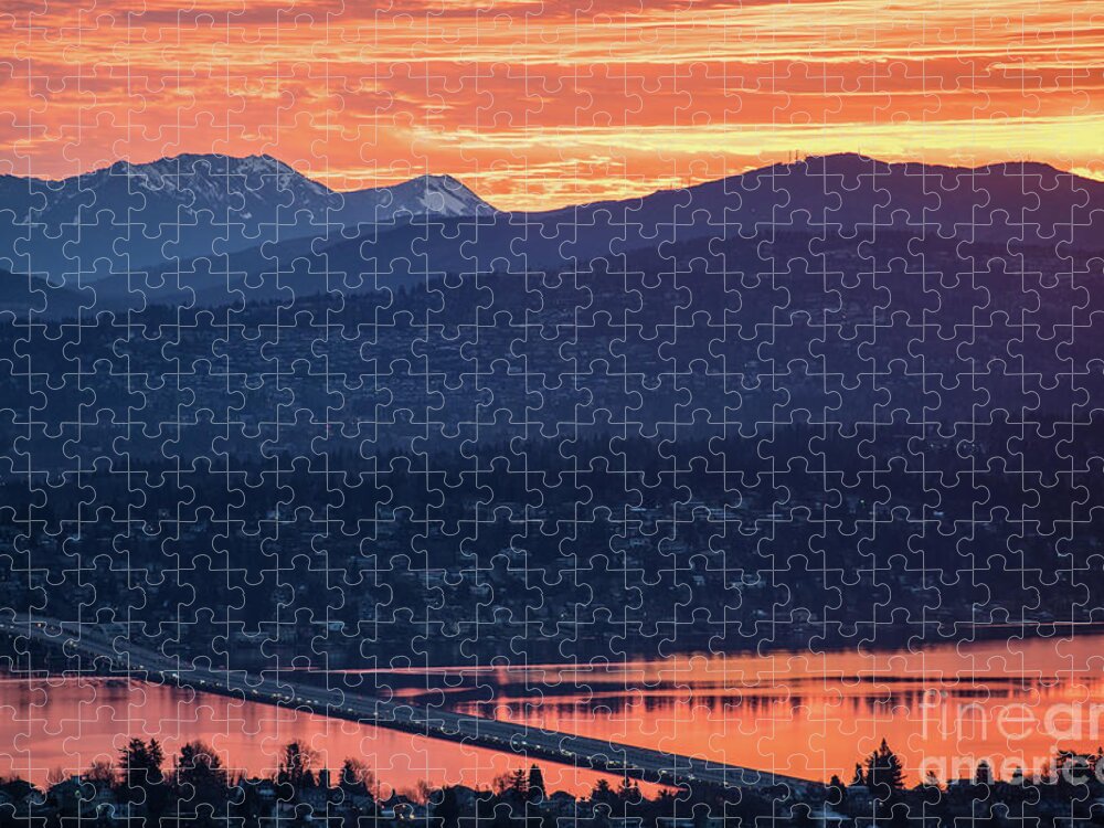 Bellevue Jigsaw Puzzle featuring the photograph I90 Eastside Sunrise Fire by Mike Reid