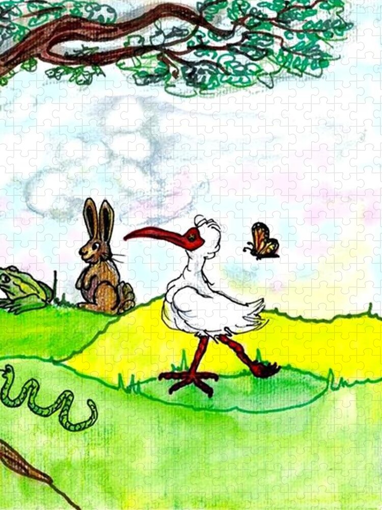 Ibis Jigsaw Puzzle featuring the drawing Ibis and friends listening by Carol Allen Anfinsen