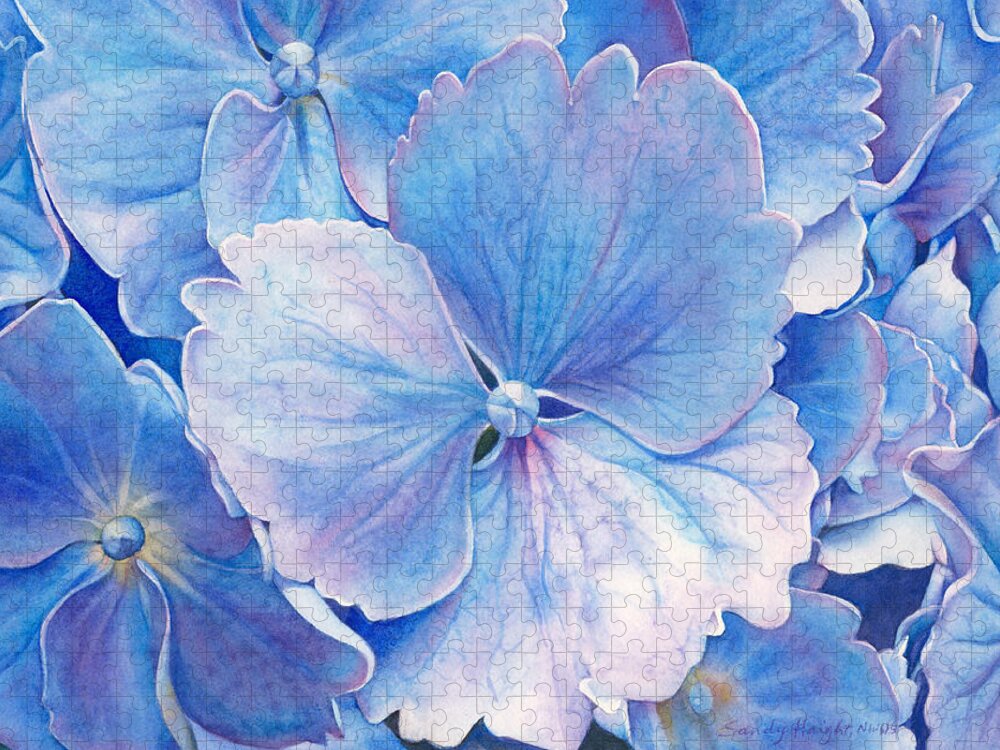 Hydrangea Floral Flower Summer Botanical Blue Purple Close Up Garden Wall Art Interior Design Decor Watercolor Painting Bloom Jigsaw Puzzle featuring the painting Ice Queen by Sandy Haight