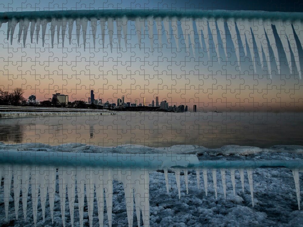 Icicles Jigsaw Puzzle featuring the photograph Icicles and Chicago Skyline by Sven Brogren