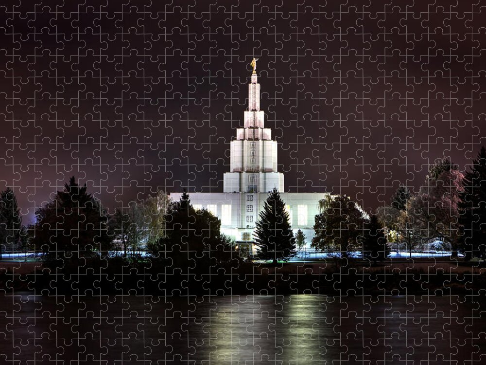 Angel Moroni; Herald; Idaho Falls Temple; Night; River; Sacred; Sacred Places; Worship; Jigsaw Puzzle featuring the photograph Idaho Falls Temple over the River at Night by David Andersen
