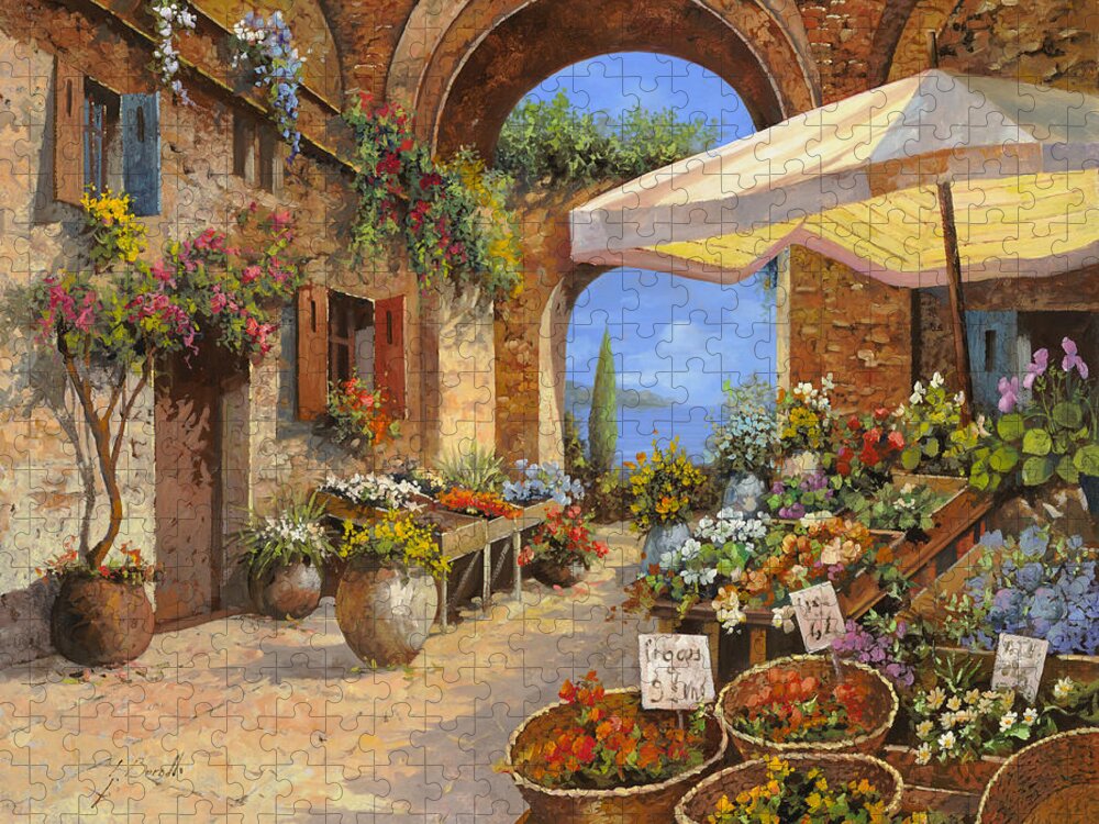 Landscape Puzzle featuring the painting Il Mercato Al Lago by Guido Borelli